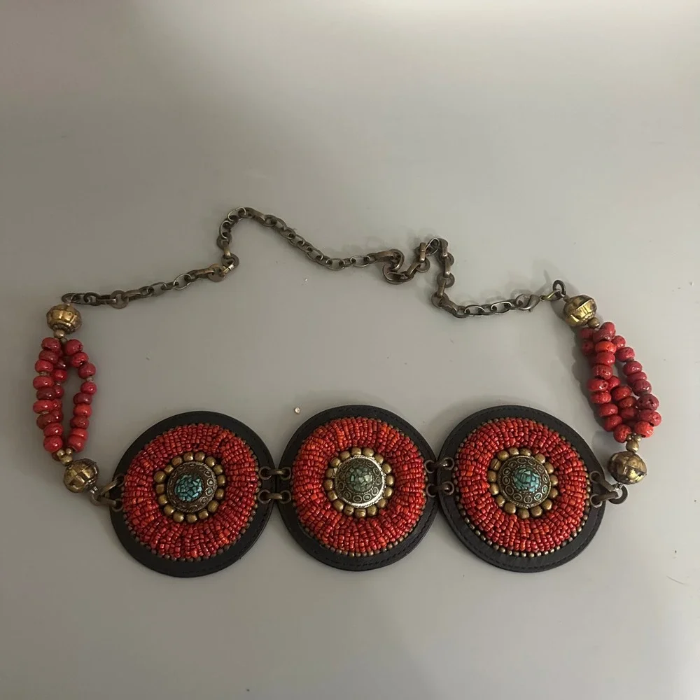 Chicos Red Beaded Leather Medallion Belt Turquoise Accents Boho S/M